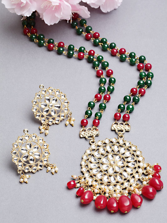Karatcart Gold Plated Red and Green Beads Kundan Rani Haar Necklace Set for Women