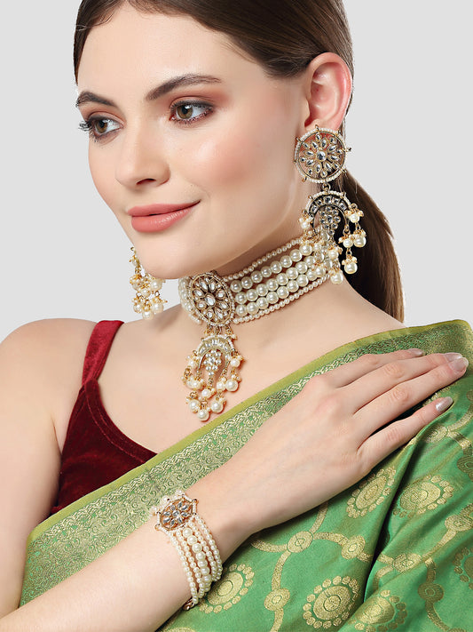 Karatcart Gold Plated White Pearl Kundan Choker Necklace Set with Bracelet for Women