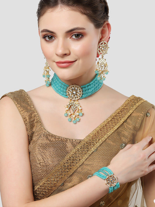 Karatcart Gold Plated Light Blue Beads Kundan Choker Necklace Set with Bracelet for Women