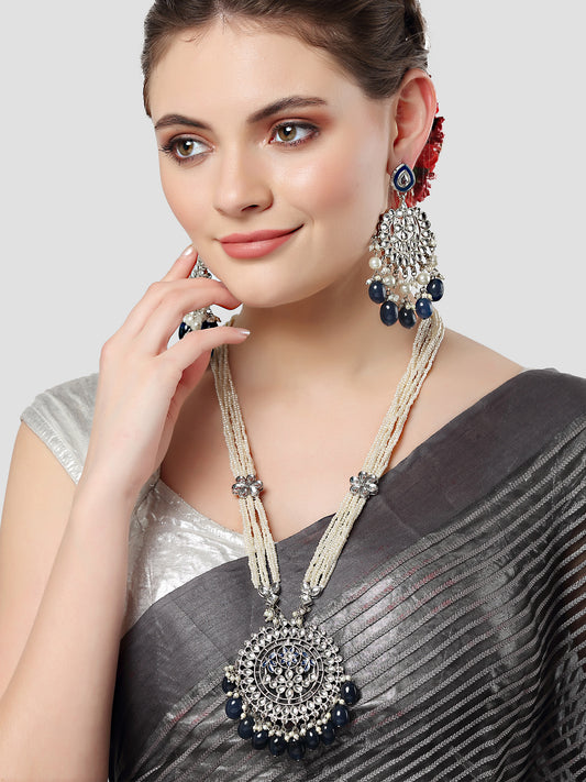 Karatcart Silver Tone Blue Tumble Kundan Rani-Haar Necklace Set for Women