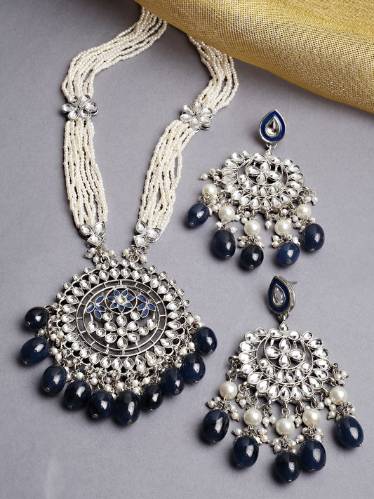 Karatcart Silver Tone Blue Tumble Kundan Rani-Haar Necklace Set for Women