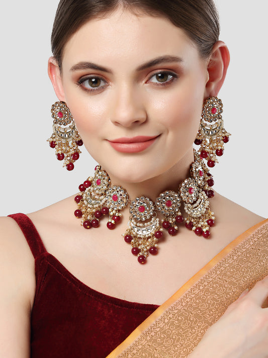 Karatcart Gold Plated Red Beads Kundan Choker Necklace Set for Women