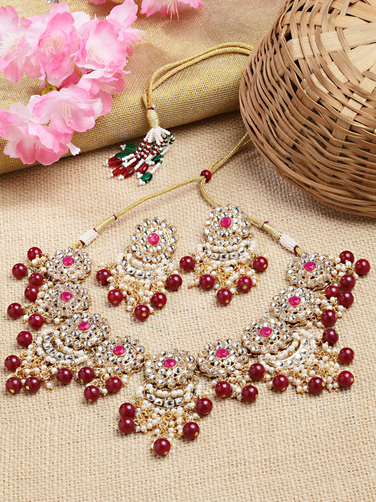 Karatcart Gold Plated Red Beads Kundan Choker Necklace Set for Women