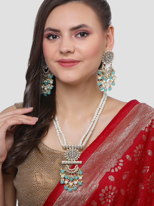 Karatcart Gold Plated Light Blue Beads and Pearl Rani Haar Necklace Set for Women