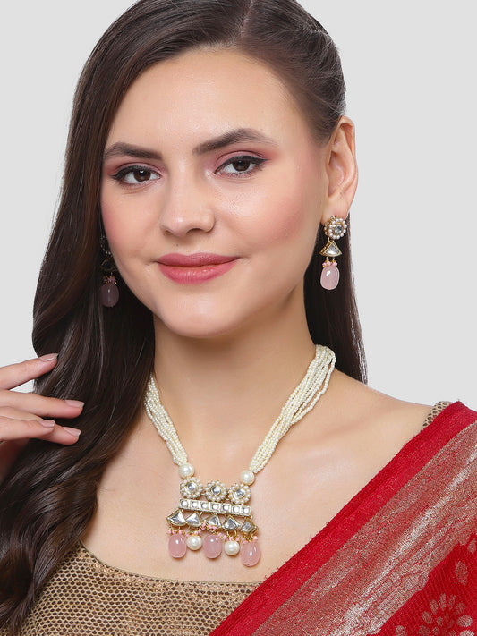 Karatcart Gold Plated Pink Tumble and Pearl Rani Haar Necklace Set for Women