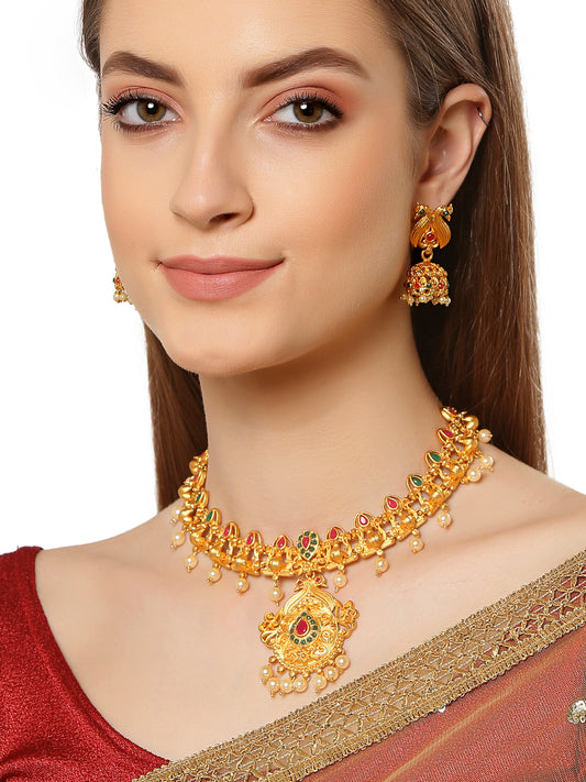 Gold-Plated Pink & Green Stone-Studded Temple Jewellery Set