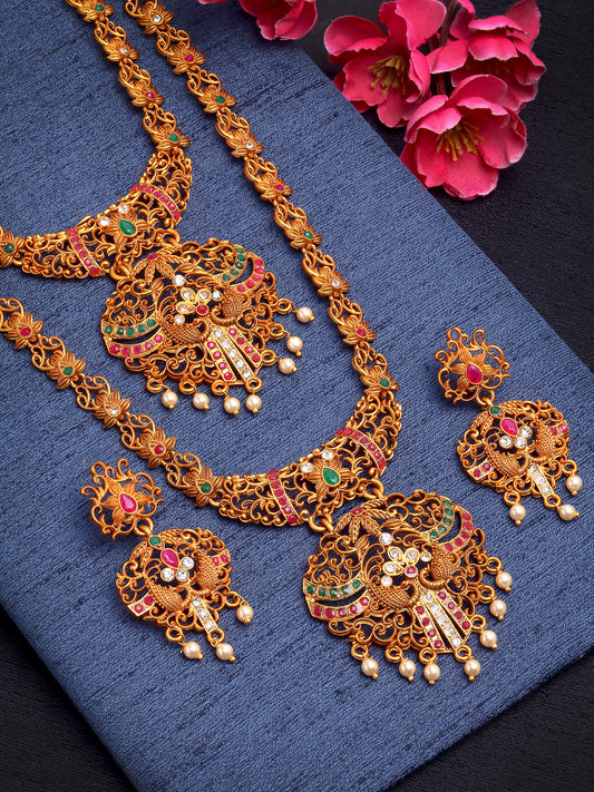 Combo of 2 Peacock Shape Gold-Plated Handcrafted Temple Necklace Set