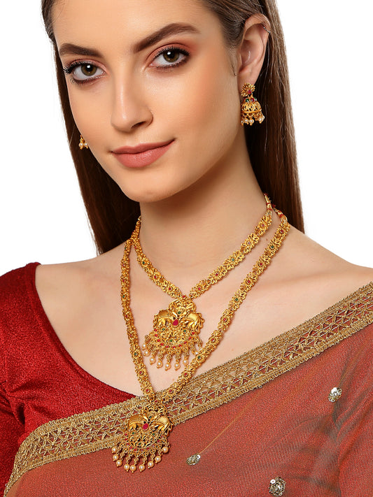 Combo of 2 Red Stone Studded Gold Plated Handcrafted Temple Necklace Set
