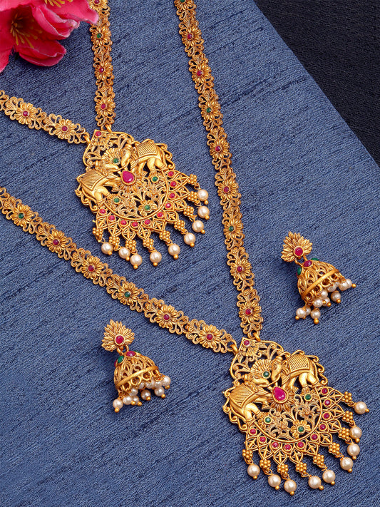 Combo of 2 Red Stone Studded Gold Plated Handcrafted Temple Necklace Set