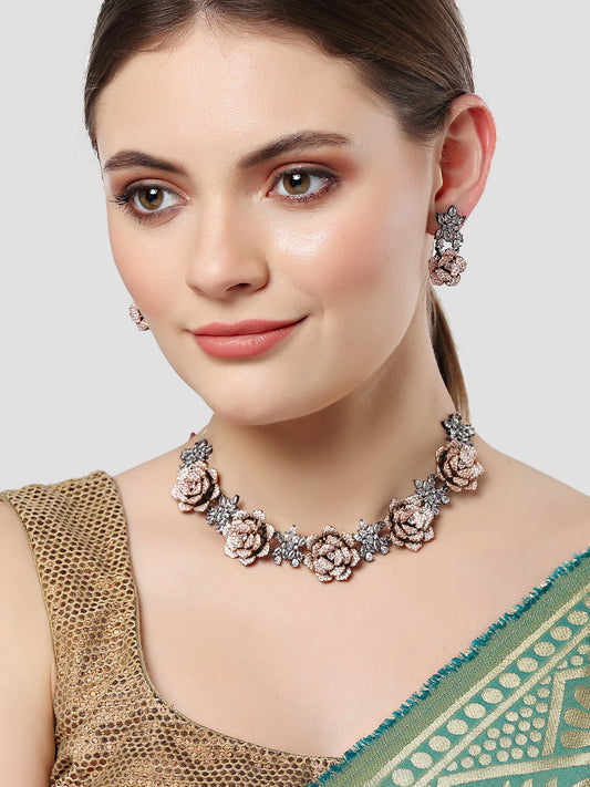 Karatcart Rose Shape Cubic Zirconia Studded Necklace Set for Women