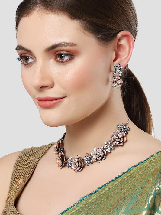 Karatcart Rose Shape Cubic Zirconia Studded Necklace Set for Women