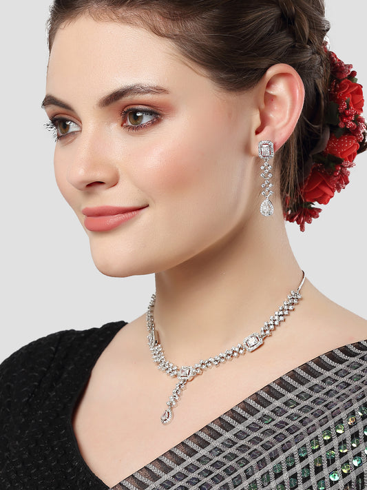 Karatcart Silver Tone Cubic Zirconia Studded Necklace Set for Women