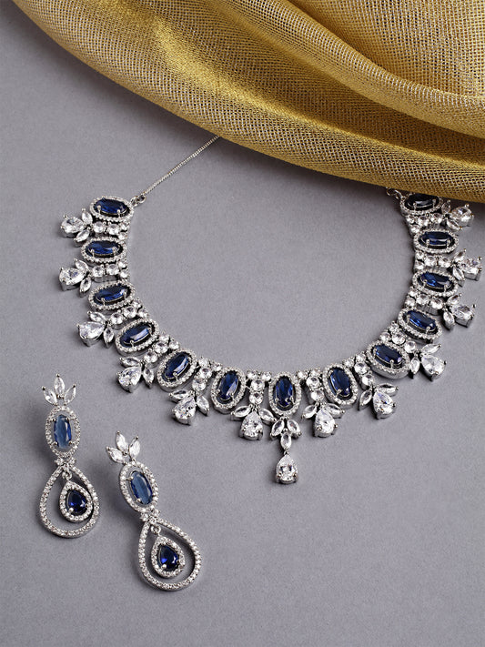 Karatcart Silver Tone Blue Cubic Zirconia Studded Necklace Set for Women