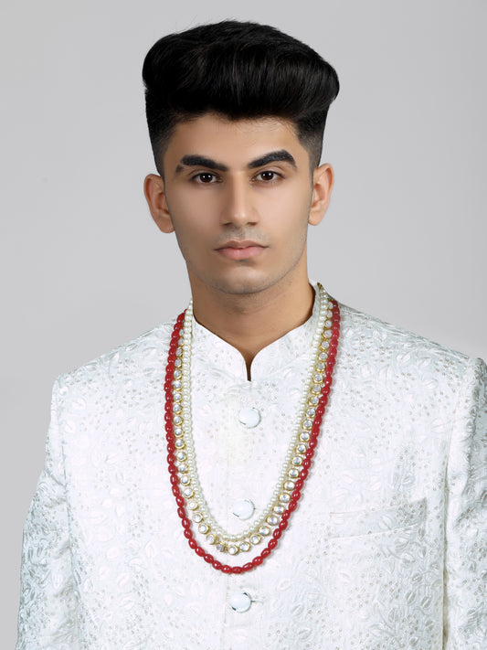 Pearl and Red Beads Kundan Maharaja Moti Mala for Men