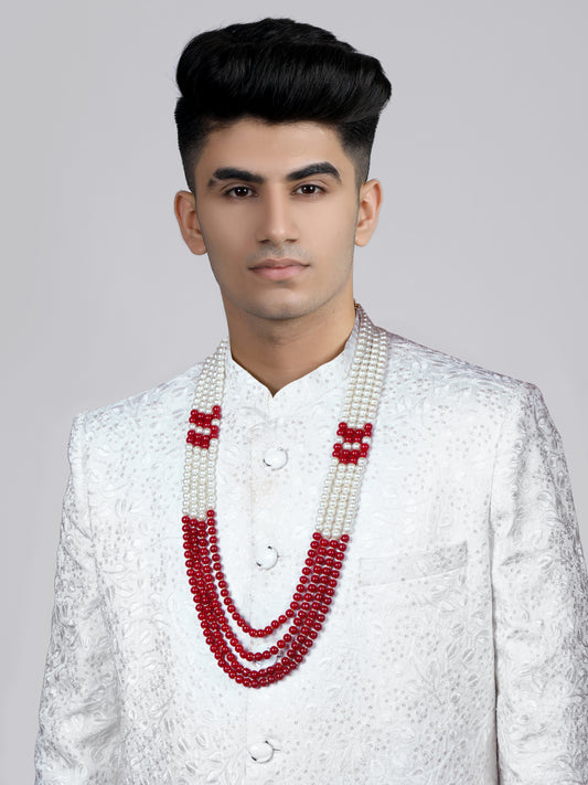 Traditional Red and White Beads Maharaja Moti Mala for Men