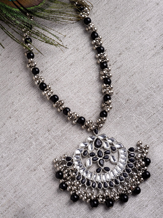 Oxidised Silver Black Beads Studded Rani Haar Kundan Necklace