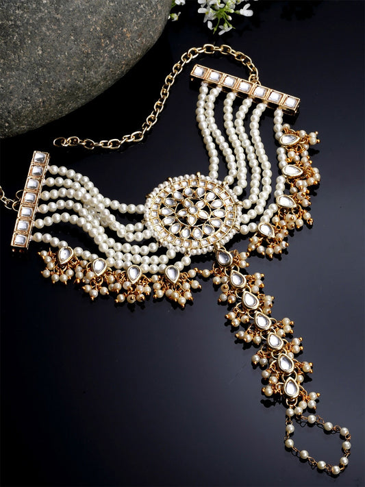 Women Gold-Toned & White Kundan Handcrafted Gold-Plated Hathphool