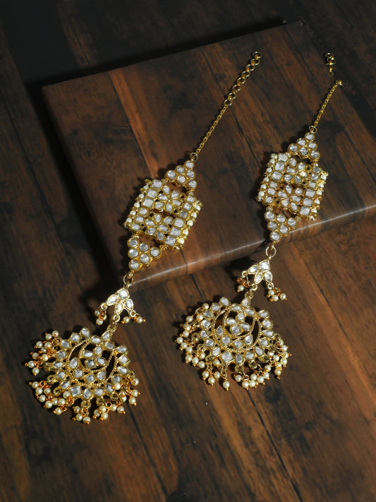 Kundan Gold with White Embellishment Kaanchain Earrings