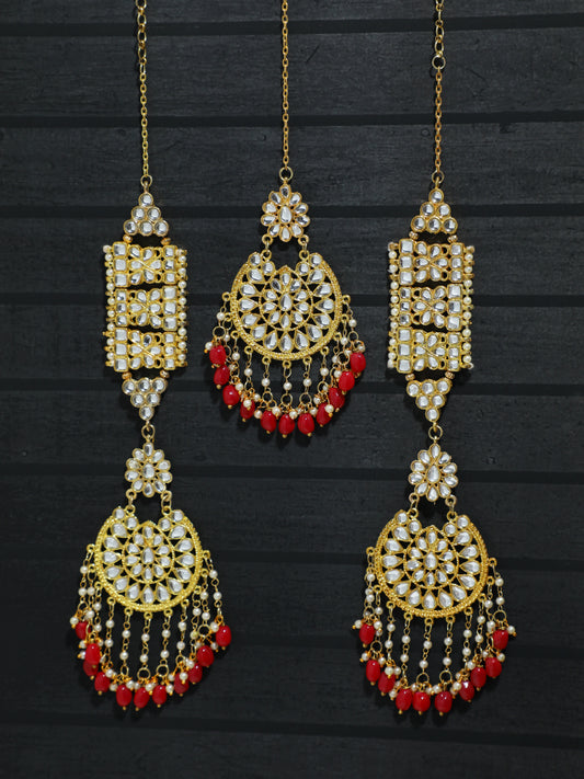 Kundan Gold Sahara Red Tassel Earrings with Maangtikka