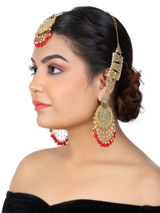 Kundan Gold Sahara Red Tassel Earrings with Maangtikka