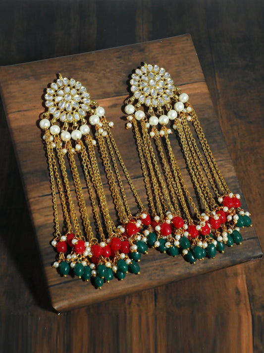 Kundan Red and Green Tassel Earrings