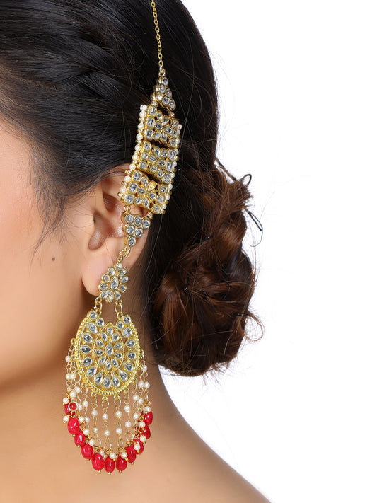 Gold Plated Red Drops Kundan Kaanchain Earrings for Women