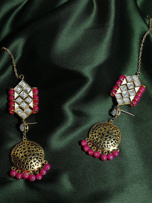 Gold Plated Pink Beads Kundan Kaanchain Earrings for Women