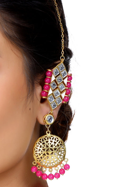 Gold Plated Pink Beads Kundan Kaanchain Earrings for Women