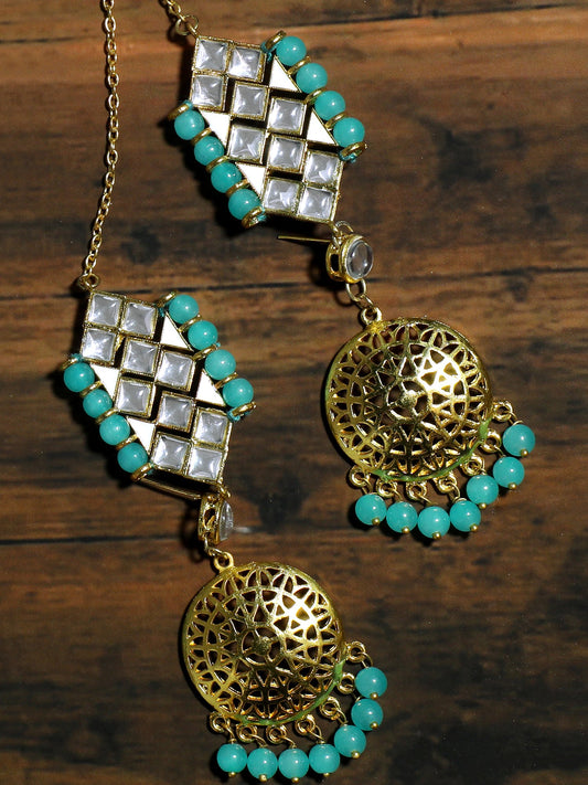 Gold Plated Mint Blue Beads Kundan Kaanchain Earrings for Women