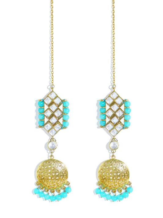 Gold Plated Mint Blue Beads Kundan Kaanchain Earrings for Women