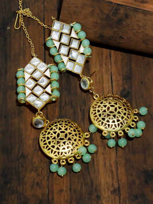 Gold Plated Mint Green Beads Kundan Kaanchain Earrings for Women