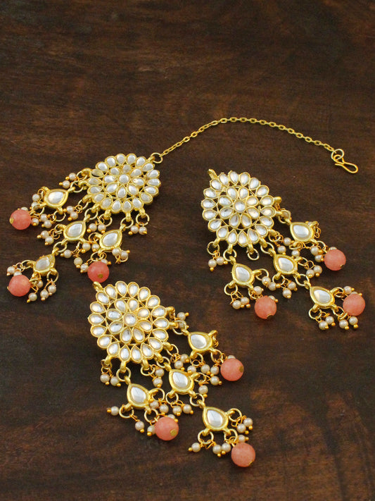 Gold Plated Peach Beads Kundan Tassel Earrings with Maangtikka for Women