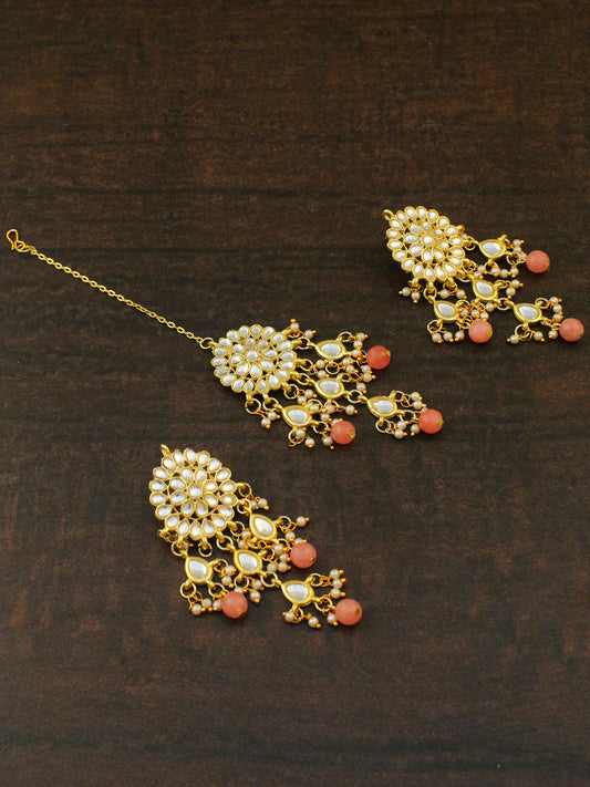 Gold Plated Peach Beads Kundan Tassel Earrings with Maangtikka for Women
