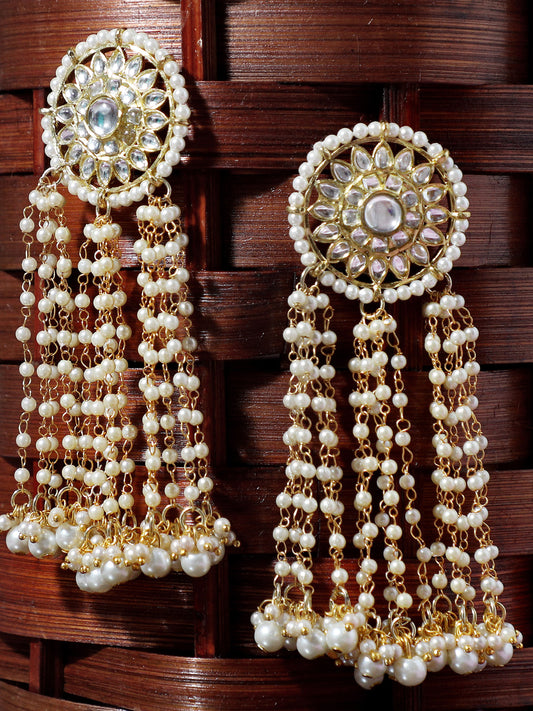 Gold Plated Pearl Beads Kundan Tassel Earrings