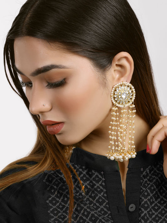 Gold Plated Pearl Beads Kundan Tassel Earrings