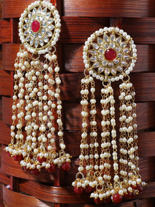Gold Plated Red Beads Kundan Tassel Earrings