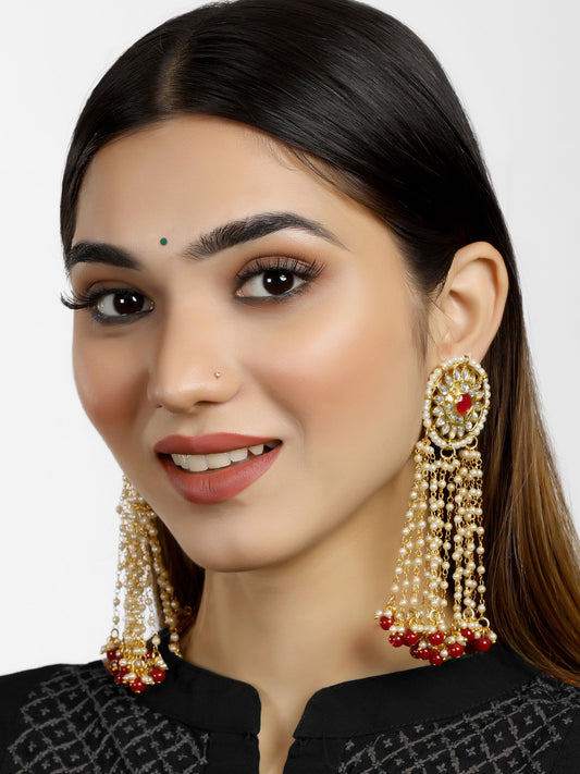 Gold Plated Red Beads Kundan Tassel Earrings