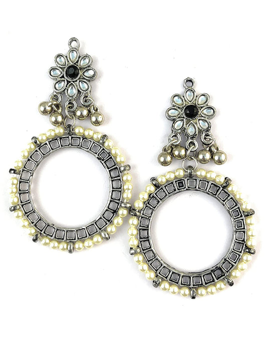 Pearl Studded Oxidised Silver Hoop Earrings