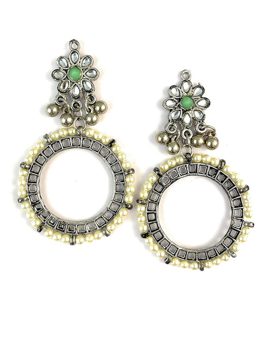 Pearl Studded Oxidised Silver Hoop Earrings