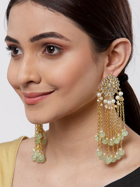 Gold Plated Lime Green Kundan Tassel Earrings