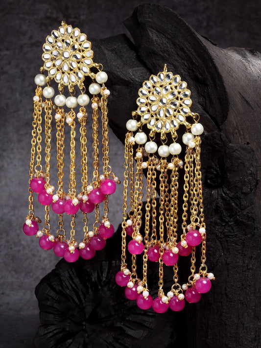 Gold Plated Pink Kundan Tassel Earrings
