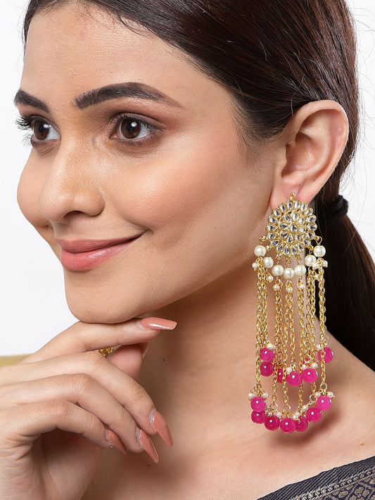 Gold Plated Pink Kundan Tassel Earrings