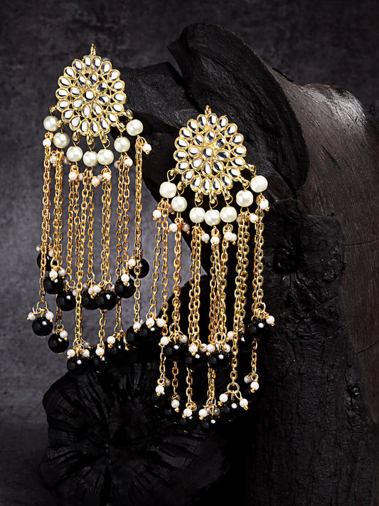 Gold Plated Black Kundan Tassel Earrings
