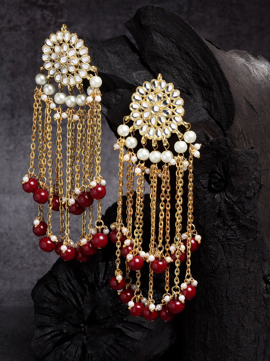 Gold Plated Red Kundan Tassel Earrings
