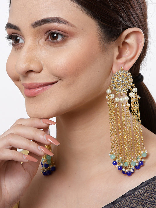 Kundan Tassel Earrings with Blue Beads