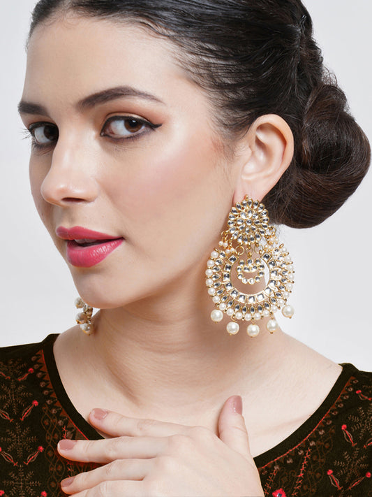 Gold Plated Pearl Drop Kundan Chandbali Earrings