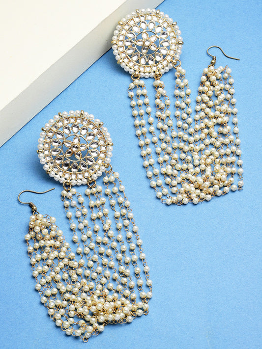 Karatcart Gold Plated Pearl Chain Kundan Kaanchain Earrings for Women