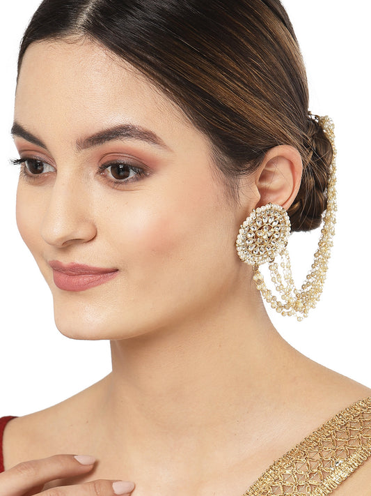 Karatcart Gold Plated Pearl Chain Kundan Kaanchain Earrings for Women