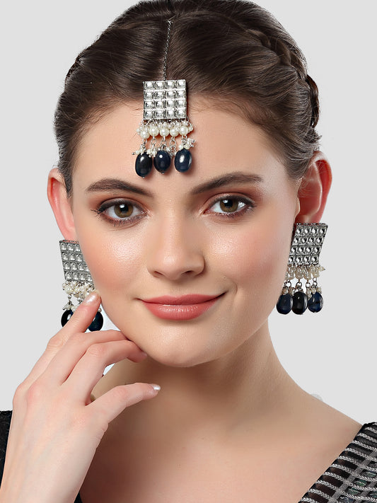 Karatcart Oxidised Silver Blue Tumble and Pearl Studded Kundan Dangler Earrings for Women