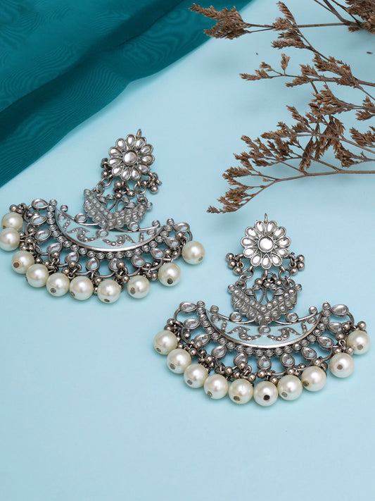 Oxidised Silver Light Blue Meena Pearl and Kundan Chandbali Earrings for Women